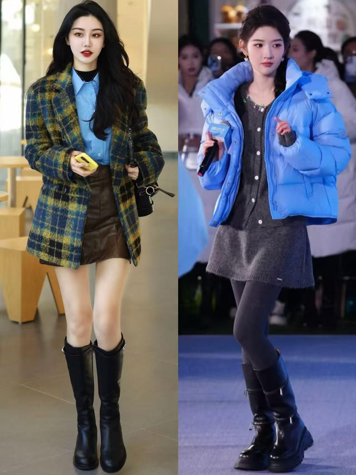 长靴女明星_杨幂时尚搭配技巧_冬季穿搭短外套修身长裤长筒靴